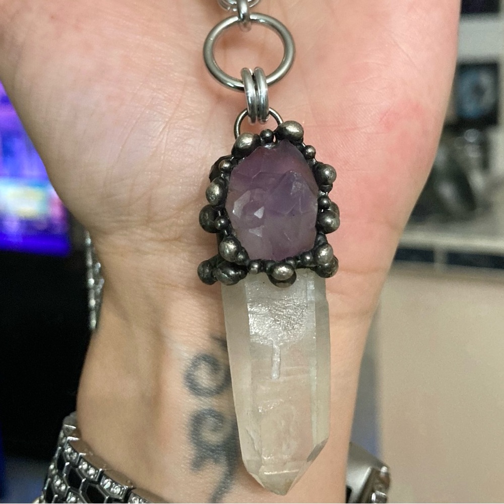 crystal quartz & amethyst gem stainless steel maille celtic lariat Y necklace. - Picture 11 of 15